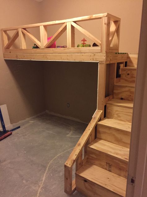 Loft Bed Stairs With Drawers, Diy Junior Loft Bed, Homemade Bunk Beds Loft, Build A Cabin Bed, Diy Queen Loft Bed Plans, Rustic Loft Bed, Homemade Loft Bed, Loft Bed With Stairs Plans, Diy Loft Bed With Stairs