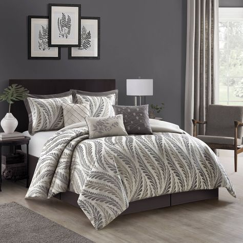 Give your bedroom a cozy and elegant ambiance with this beautiful comforter set. Easily update your bedroom décor with this chic transitional wavy leaf pattern. Taupe Bedding, Beautiful Bedding Sets, Complete Bedding Set, Solid Bed, Bed Comforter Sets, Comforter Bedding Sets, King Comforter Sets, Queen Comforter Sets, Premium Bedding