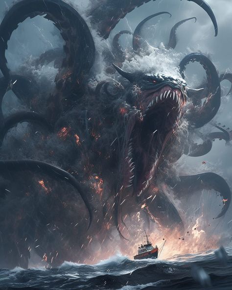 The Assault of the Kraken Ancient Monsters Art, Horror Reference, Kraken Monster, Dark Inspiration, Creature Reference, Kraken Art, Drawing Bases, Ocean Adventure, Monster Artwork