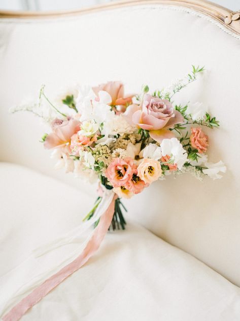 French Bridal Bouquet, Peach And Blush Bouquet, Blush Fall Wedding Flowers, Pink Summer Wedding Flowers, Garden Style Bouquet Wedding, Runuculous Wedding Bouquet, Blush And Peach Wedding Flowers, Sage And Peach Wedding, Blush Pink And Peach Wedding