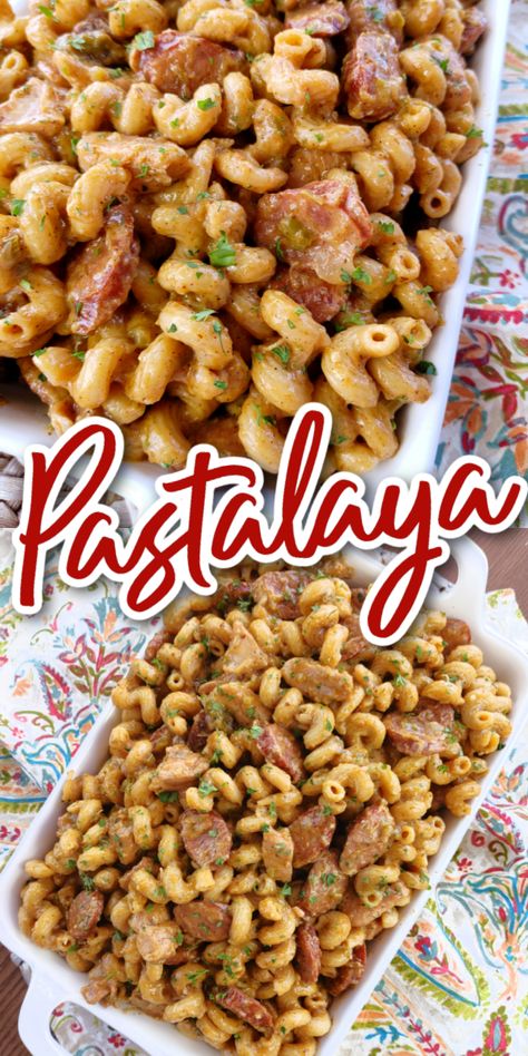 Cajun Pastalaya (Jambalaya Pasta with Sausage & Chicken) - A flavor-packed Cajun pasta recipe made with sausage and chicken – like jambalaya but made with noodles instead of rice. Chicken And Sausage Pastalaya Recipe Cajun, Jambalaya For A Crowd, Easy Pastalaya Recipe Cajun, Cajun Food For A Crowd, Chicken And Sausage Pastalaya, Jambalaya Sides, Pasta Jambalaya Recipe, Pastalaya Recipe Cajun, Cajun Pastalaya