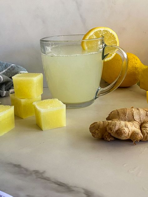 Diy Gut Health Shots, Ginger Lemon Cubes, Lemon Ginger Ice Cubes For Hot Water, Lemon And Ginger Shots Frozen, Frozen Ginger Shots, Lemon And Ginger Ice Cubes, Ginger And Lemon Shots, Lemon Ginger Ice Cubes, Gingershots Recipe