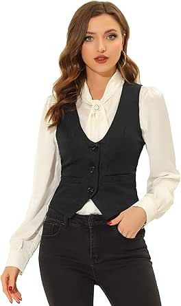 Allegra K Vintage Vest for Women's Button Up Jacquard Steampunk Suit Waistcoat with Pockets Womens Tailored Suit, Black Suit Vest, Vintage Waistcoat, Steampunk Jacket, Style Steampunk, Sleeveless Suit, Suit Waistcoat, Steampunk Style, Vintage Vest