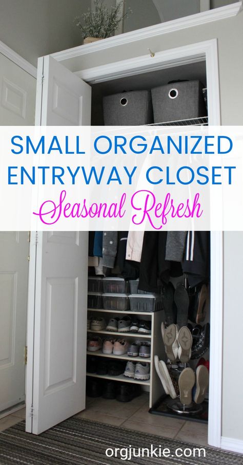 Small Organized Spaces: Small Entryway Closet Seasonal Refresh Closet Organization Entryway, Hallway Closet Organization, Small Entryway Closet, Entryway Closet Organization, Entryway Closet Makeover, Entry Closet Organization, Small Closet Organization Diy, Hall Closet Organization, Organized Entryway