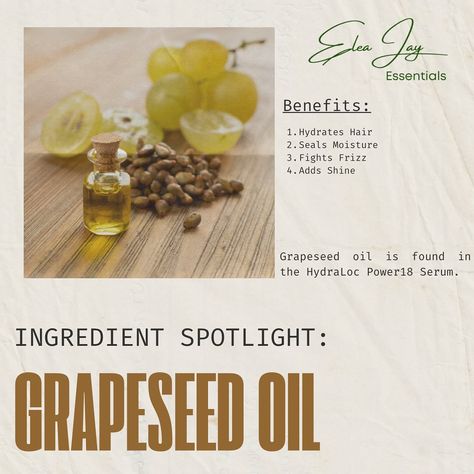 INGREDIENT SPOTLIGHT: Grapeseed Oil ✅ Seals Moisture & Adds shine ✅ Tames Frizz ✅ Hydrates Hair Grapeseed oil is found in the HydraLoc Power18 Serum. Read more about the benefits of Grapeseed Oil in the Elea Jay Journal via eleajayessentials.com Grapeseed Oil For Hair, Benefits Of Grapeseed Oil, Grapeseed Oil Benefits, Oil For Hair, Hydrate Hair, Grapeseed Oil, Hair Oil, For Hair, Seals