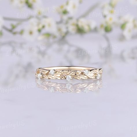 Unique Diamond Wedding Band Unique Leaf Wedding Band Nature Inspired Vintage Wedding Ring Women Gold Rings Promise Anniversary Gift Women - Etsy Wedding Band Female, Wedding Band Designs For Women, Leafy Wedding Band, Wedding Band Gold Women, Rose Gold Wedding Band For Women, Wedding Band Ideas For Women, Simple Wedding Bands For Women, Gold Promise Rings For Her, Wedding Ring Stack Ideas