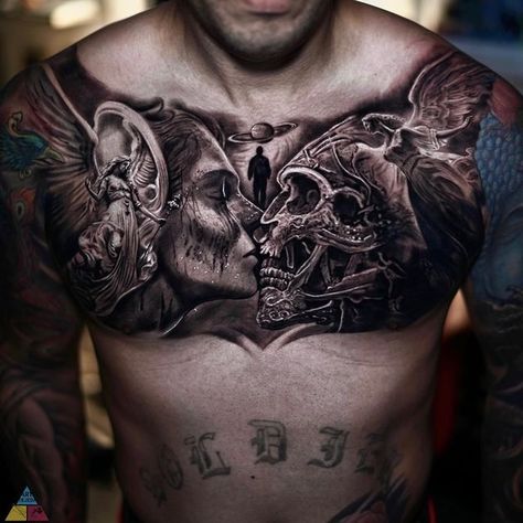 Good Vs Evil Chest Tattoo, Evil Chest Tattoo, Chest Tattoo Realism, Chest Tattoo Men Ideas Small, Men Chest Tattoo, Chest Tattoo Men Ideas, Tattoo Men Ideas, Galaxy Tattoo Sleeve, Tattoo Leggings