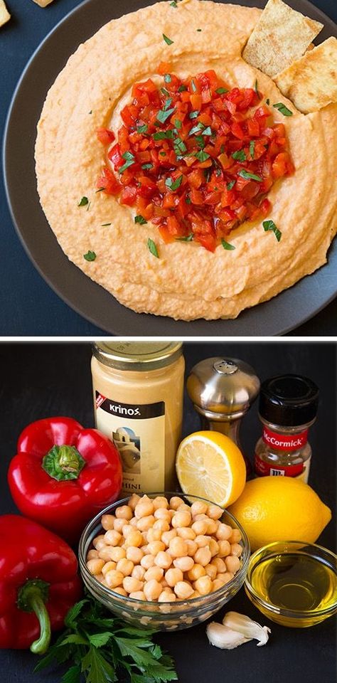 Roasted Red Pepper Hummus - SO much better than the store bought stuff! Spicy Red Pepper Hummus, Hummus Healthy, Cucumber Cups, Pepper Hummus, Garlic Hummus, Roasted Red Pepper Hummus, Red Pepper Hummus, Avocado Hummus, Northern Beans