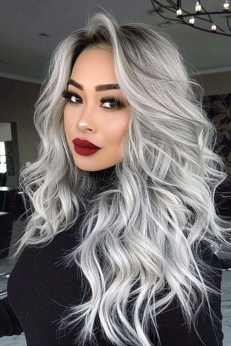 40+ Silver Hairstyles That Look Amazing on Anyone - Flo's Blog Long Black And Silver Hair, Silver Shadow Root, Highlights Grown Out, Grey Silver Hair Color, Ice Grey Hair, Platinum With Shadow Root, Platinum Grey Hair Silver, Silver Hair With Shadow Root, Grey Hair Black Roots