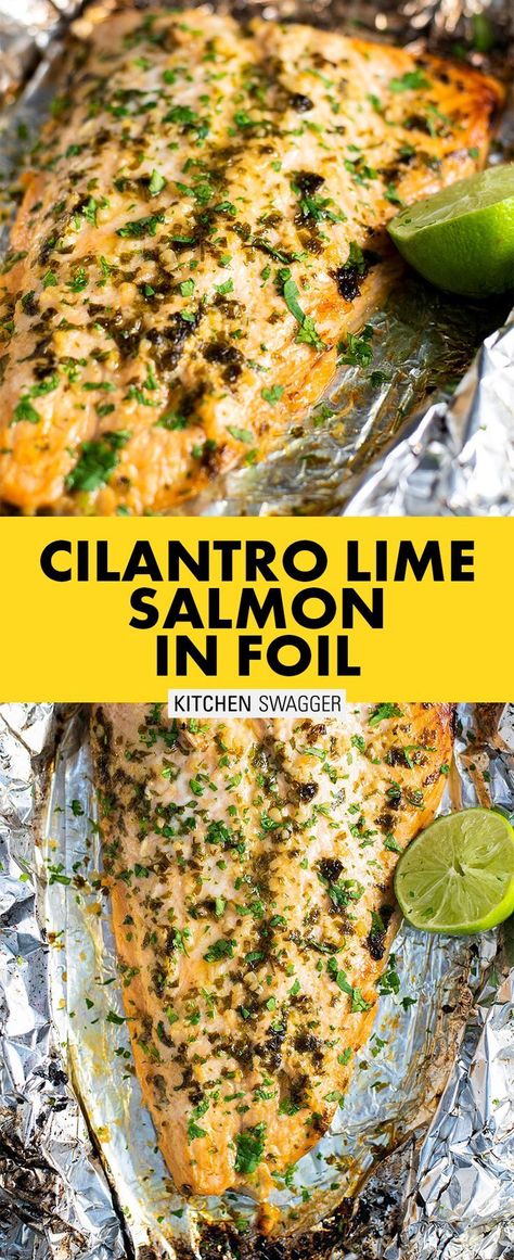 Salmon With Cilantro, Foil Salmon, Salmon Recipes Baked In Foil, Salmon In Foil Recipes, Cilantro Lime Salmon, Salmon Recipes Baked, Salmon In Foil, Garlic Butter Salmon, Lime Salmon