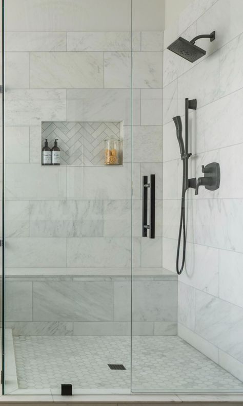 Leg Shaving Shower Niche, In Built Shower Shelf, Shower Build In Shelf, Tile Shower Dark Floor, White Grey Shower Tile Ideas, Shower With Built In Shelf, Large Tile Small Shower Ideas, Pretty Shower Tile Ideas, Farmhouse Master Shower Tile