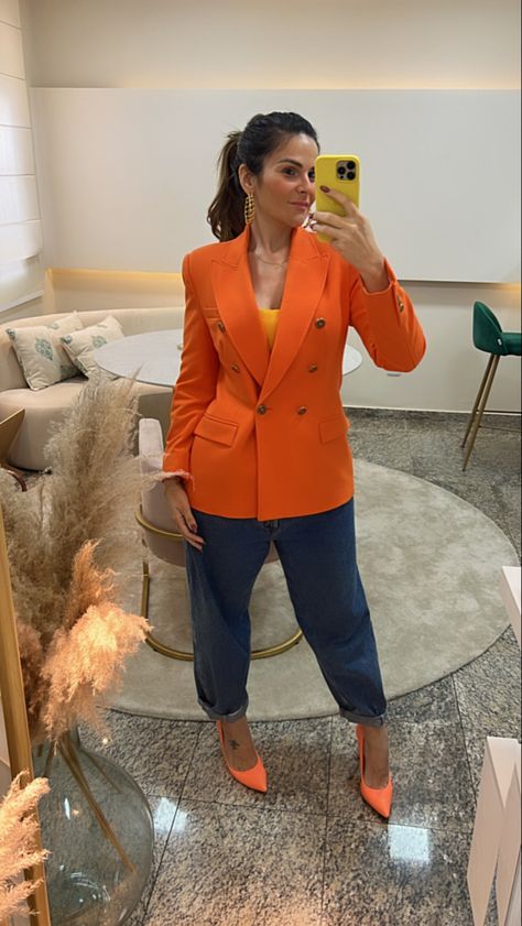 Orange Blazer Outfits For Women, Podcast Photoshoot, Orange Blazer Outfits, Orange Blazer, Blazer Outfits For Women, Ankara Style, Outfits For Women, Coral Orange, Blazer Outfits