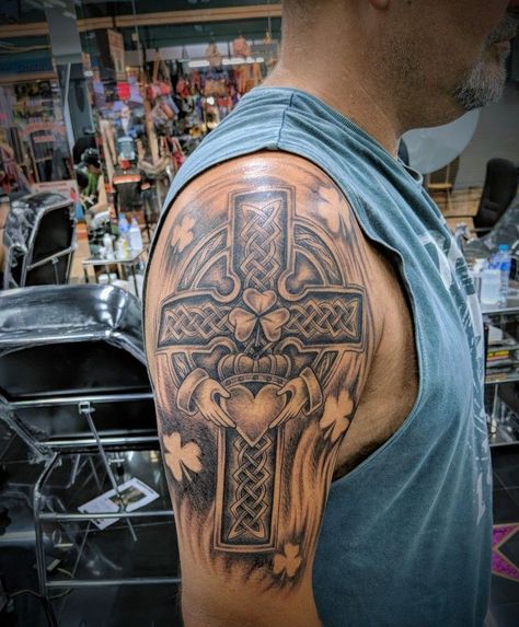 Claddagh Tattoo For Men, Celtic Tattoos For Men Irish, Irish Warrior Tattoo, Wales Tattoo, Irish Sleeve Tattoo, Irish Tattoos For Men, Irish Cross Tattoo, Celtic Cross Tattoo For Men, Irish Claddagh Tattoo