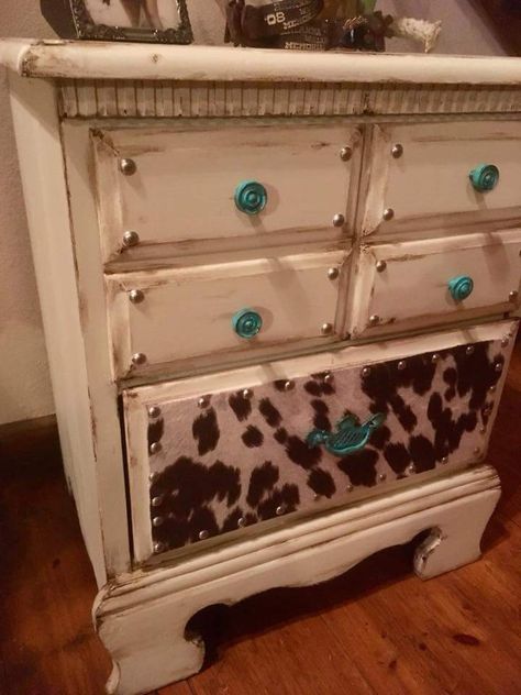 Cowhide Dresser, Turquoise Dresser, Cowhide Decor, Western Bedrooms, Cowhide Furniture, Ranch House Decor, Western Bedroom, Vanity Table, Chair Cover