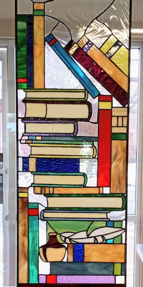 Stained Glass Sidelight S-62 Book Tower - Etsy Stained Glass In Old Window Frames, Stained Glass Door Diy, Craftsman Stained Glass Panels, Frank Lloyd Wright Stained Glass Pattern, Modern Stained Glass Panels, Frank Lloyd Wright Stained Glass, Book Tower, Glass Book, Bathroom Window