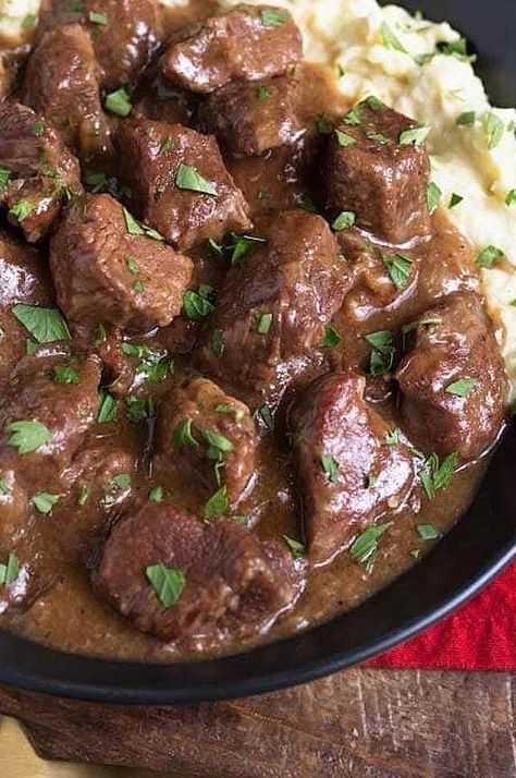 Instant Pot® Beef Tips | "These super tender and delicious sirloin tips are braised and pressure-cooked in a rich gravy. Serve over mashed potatoes, rice, or cauliflower rice." #instantpotrecipes #instantpot #instantpotideas #pressurecooker #pressurecookerrecipes #pressurecookerideas Roast Beef Tips Recipes, Dinner Ideas With Beef Tips, Beef Tips For A Crowd, Oven Beef Tips Recipe, Beef Cubs Recipes Meals, Sauteed Beef Tips, Beef Tips In The Crockpot, Beef Tip Dinner Ideas, Diced Beef Sirloin Tips Recipes