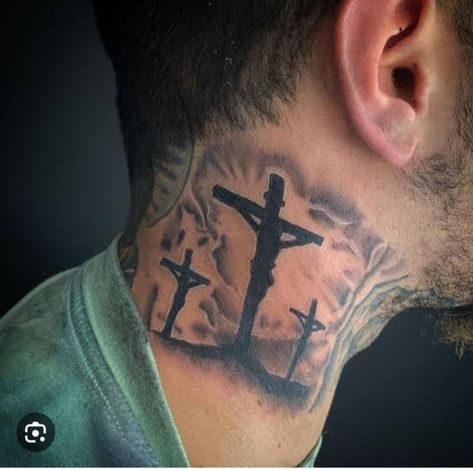 Three Crosses Tattoo Behind Ear, 3 Crosses On Neck Tattoo, Crosses On Neck Tattoo, Dope Neck Tattoos For Men, Neck Script Tattoo Inspiration, Crosses Neck Tattoo, 3 Crosses Tattoo Men Neck, Faith Neck Tattoo, Religious Neck Tattoo