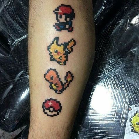 8 Bit Pokemon Tattoo, 8 Bit Tattoo, Pixel Art Tattoo, Charmander Tattoo, Nintendo Tattoo, Pixel Tattoo, Colored Tattoo Design, Nerdy Tattoos, Gamer Tattoos