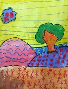 Mrs. Harris' art room: patterned landscape art lesson for kindergarten Kindergarten Landscape Art Lesson, Kindergarten Pattern Art, Art Lesson For Kindergarten, Landscape Art Projects, Garden Drawing Ideas, Kindergarten Landscape, Art Projects For Kindergarten, Projects For Kindergarten, Art For Kindergarten