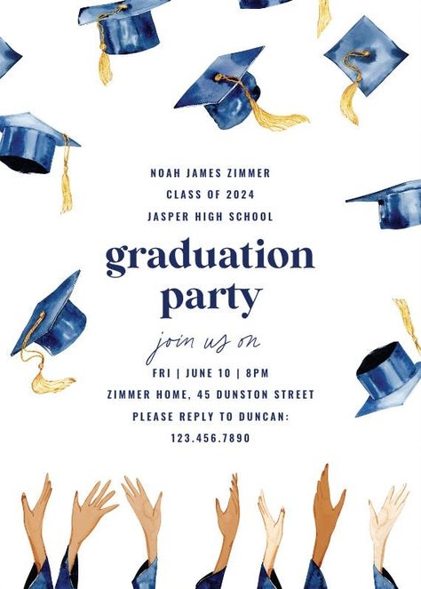 Happy Hats - Graduation Party Invitation Template | Greetings Island Party Invitation Design, Template Graduation, Graduation Party Invitations Templates, Happy Hat, Greetings Island, Grad Party Decorations, High School Graduation Party, Party Invite Design, Graduation Party Invitation