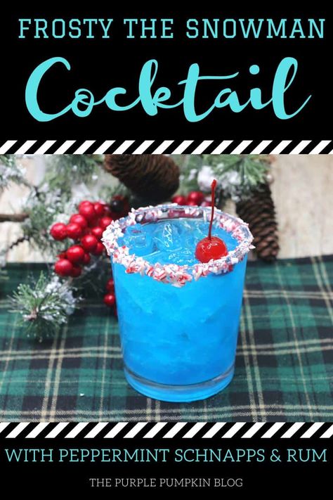 This Peppermint Schnapps Cocktail called Frosty the Snowman is a delicious holiday drink that is sure to delight all who sip it! The combination of vanilla rum, blue curaçao, and peppermint schnapps is a taste sensation and the crushed candy-cane glass rim is a real festive treat! Frosty The Snowman Cocktail, Drinks With Peppermint Schnapps, Peppermint Schnapps, Christmas Drinks Alcohol Recipes, Simple Syrup Cocktails, Christmas Drinks Recipes, Christmas Drinks Alcohol, Peppermint Recipes, Vanilla Rum