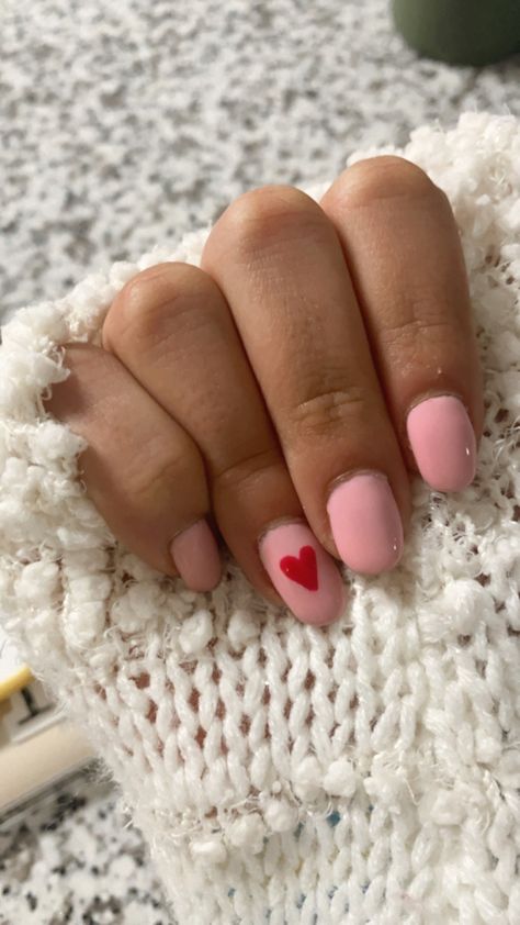 Pink Valentines Day Nails Simple, White Nails With Hearts Valentines Day, Valentines Nails At Home, Short Almond Nails Valentines Day Pink, Single Heart Nails, Light Pink Nails With Red Heart, Pink With Red Heart Nails, Valentines Day Nails Solid Color, Pink Valentines Day Nails Short