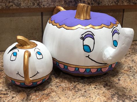 Miss Pots Beauty And The Beast, Mrs Potts Pumpkin Painting, Mrs Potts Pumpkin, Pumpkin Decorating Disney, Teapot Pumpkin, Chip And Mrs Potts, Kids Pumpkin Carving, Cute Painted Pumpkin Ideas, Pumpkin Creations