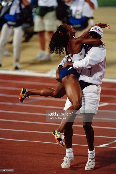 US sprinter Gail Devers celebrates with her coach Bob Kersee after winning the… Gail Devers, Track And Field, Olympic Games, Track, Resolution, Celebrities