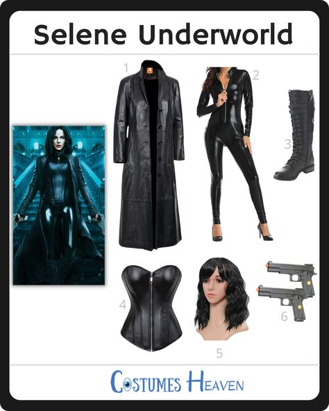 Try the Selene Underworld costume to become one of the most powerful and sexy vampires this Halloween. Follow our guide and pull off her trademark look for your next cosplay event. #selene #underworld #underworldselene #cosplay #halloweencostume #costumesheaven Underworld Halloween Costume, Selene From Underworld, Selene Underworld Cosplay, Halloween Costumes With Black Bodysuit, Selena Underworld, Selene Underworld Costume, Underworld Outfit, Underworld Costume, Underworld Cosplay