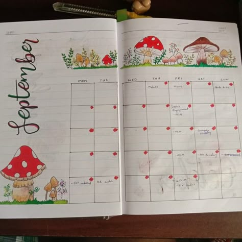 Mushroom Bullet Journal Theme, Bullet Journal Mushroom Theme, Mushroom Bullet Journal, Mushroom Calendar, September Spread, 2024 Bujo, March Bujo, 2022 Journal, September Bullet Journal