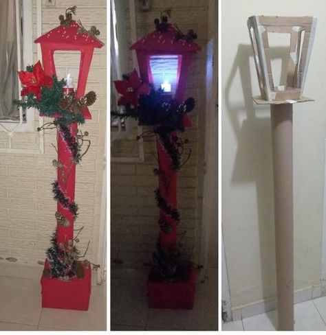 Lantern made from card tubing, cardboard, painted and battery light Outside Christmas Decorations, Decorations For Christmas, Pallet Christmas Tree, Easy Diy Christmas Gifts, Christmas Props, Christmas Themes Decorations, Christmas Decorations Diy Outdoor, Diy Christmas Decorations Easy, Christmas Projects Diy