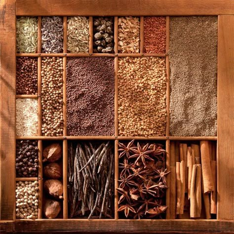 . Tea Display, Spices Packaging, Christmas Spices, Spice Shop, Gadgets Kitchen Cooking, Medieval World, Spice Box, Spices And Herbs, Indian Spices