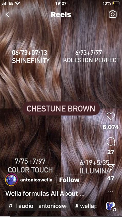 Brown Hair Color Chart, Cherry Hair Colors, Chestnut Brown Hair, Wella Hair Color, Colour Touch Wella, Hair Foils, Strawberry Blonde Hair Color, Hair Color Caramel, Hair Color Formulas