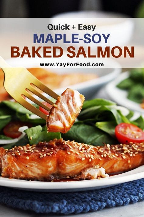 Maple-Soy Baked Salmon Recipe - Yay! For Food Maple Soy Salmon, Maple Salmon Recipes, Salmon Marinade Recipes, Beef Burrito, Baked Salmon Recipe, Salmon Marinade, Garlic Butter Salmon, Marinated Salmon, Butter Salmon