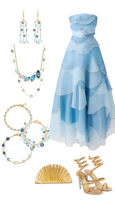 Theme: sea blue and gold Water Inspired Fashion Mood Board, Air Element Outfit, Water Element Outfit, Sea Theme Dress, Under The Sea Outfit Ideas, Sea Themed Dress, Sea Themed Outfits, Ocean Themed Outfits, Sea Inspired Fashion