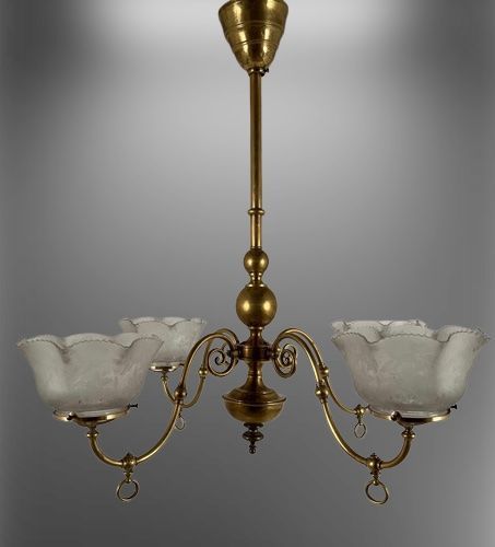 Very nice Honey colored 4 arm gas chandelier with double etched and beaded gas shades and very beautiful Serpentine Gas Arms with scroll arm backs. Victorian Gas Lamp, Antique Lights, Antique Light Fixtures, Lighting Chandeliers, Vintage Elegance, Gas And Electric, Honey Colour, Antique Lighting, Electric Lighter