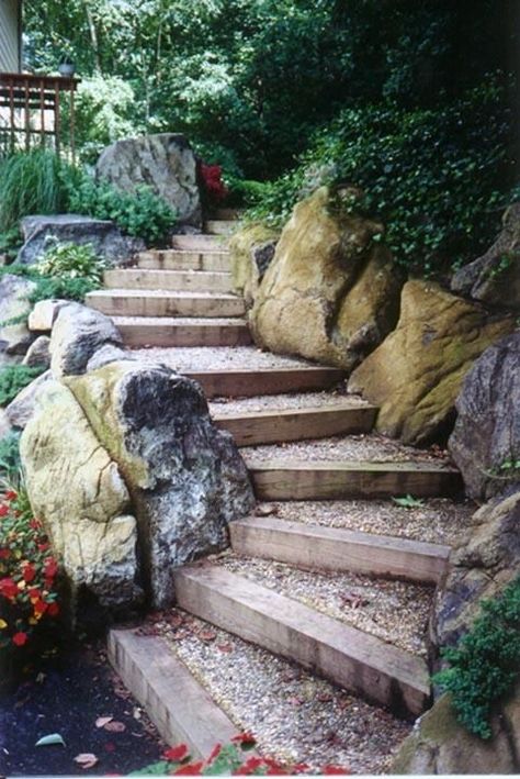 Landscape Stairs, Hillside Garden, Stairs Ideas, Garden Stairs, Hillside Landscaping, Sloped Garden, Garden Steps, Outdoor Stairs, Walled Garden