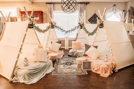 Slumber Tent Party Ideas, Glamping Slumber Party, Birthday Party Tent Ideas Decoration, Slumber Party Tent Ideas, Sleepover Tents Diy Slumber Parties, Tent Sleepover Ideas, Slumber Party Tents, Boho Glamping, Happy Camper Party