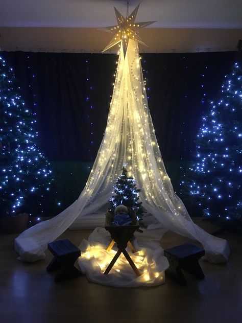 Star Over The Manger, Christmas Play Decorations Stage Design, Bethlehem Christmas Decoration, Nativity Backdrop Stage Design, Silent Night Christmas Decorations, Christmas Stage Decorations Church, Christmas Play Props, Bethlehem Decor, Nativity Scene Play