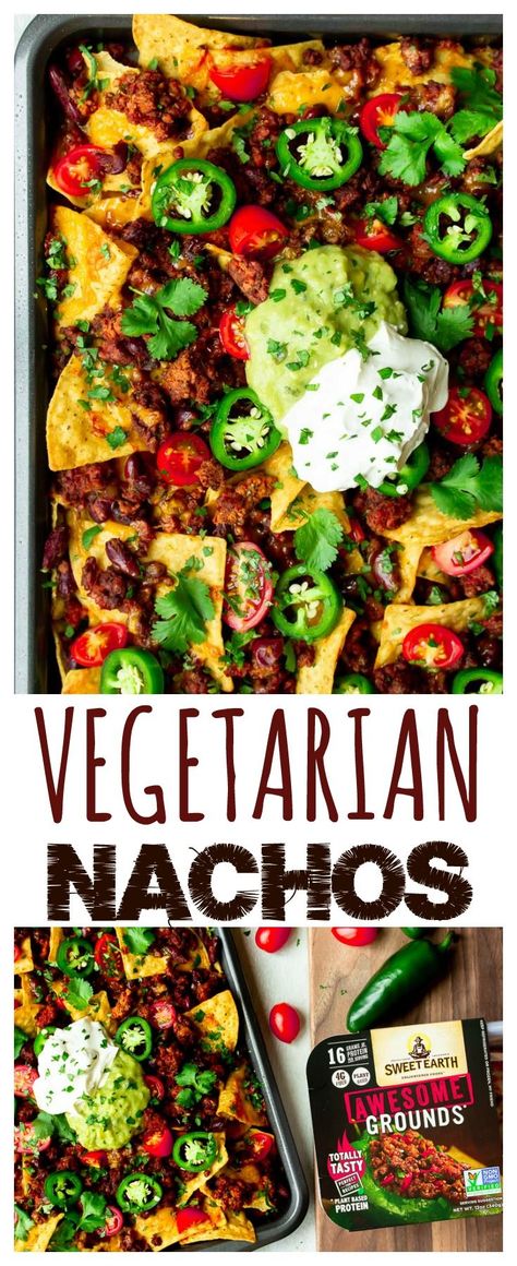 Sheet Pan Vegetarian Nachos - restaurant-style nachos that are entirely meatless! They are made with vegetarian chili-seasoned "ground beef" and all of the traditional nacho toppings you love. Now you can make this traditional appetizer recipe in your own home. | #ad #sweetearth #awesomeforall #vegetarianrecipes #appetizers Nachos Restaurant, Meatless Nachos, Vegetarian Nachos Recipe, Nachos Recipe Beef, Vegetarian Nachos, Nacho Toppings, Nachos Recipe Easy, Vegetarian Nutrition, Best Vegetarian Recipes