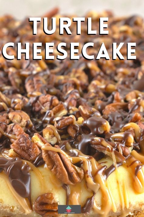 Turtle Topping For Cheesecake, Turtle Cheesecake Topping, Turtle Pecan Cheesecake, Turtle Cheesecake Recipe Easy, Turtles Cheesecake, Ultimate Turtle Cheesecake Recipe, Praline Cheesecake, Cheesecakes Recipes, Amaretto Cheesecake