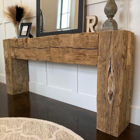 Rustic Beam Furniture, Railroad Ties Furniture, Wood Beam Entry Table, Wood Beam Projects, Beam Entry Table, Entry Table Rustic, Diy Beam, Reclaimed Wood Beams, Furniture Rustic