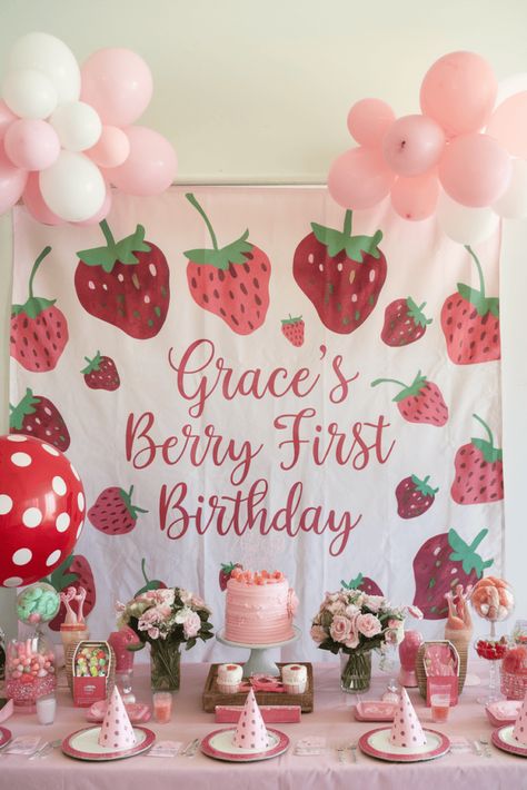 Berry First 1st Birthday Party Birthday Ideas Themes, 1st Birthday Themes Girl, Pink Dinosaur Party, First Birthday Ideas, Girly Party Ideas, Girly Party, Unique Decorations, 1st Birthday Party Themes, 1st Birthday Themes