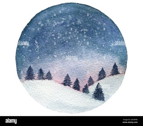 Watercolor Winter Landscape, Night Sky Watercolor, Watercolor Night Sky, Sky Watercolor, Blue Night Sky, Landscape With Trees, Globe Design, Watercolor Winter, Christmas Card Art