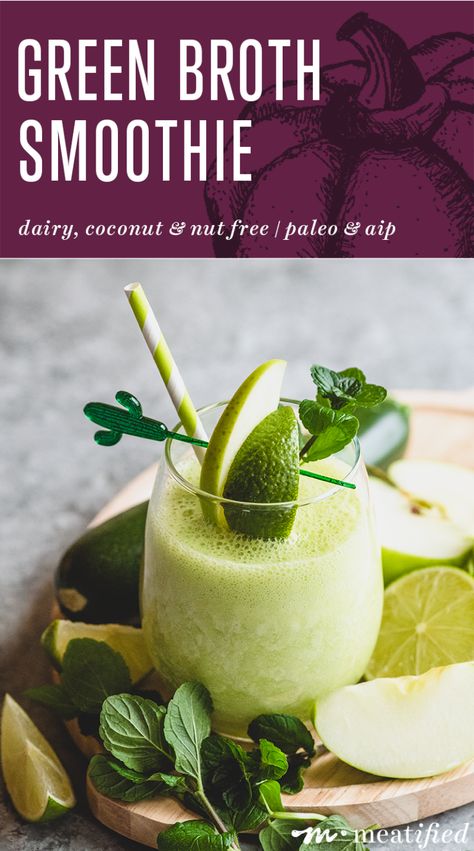 A twist on the typical green drink, this boosted green broth smoothie from https://meatified.com skips milk & added sugars for hidden veggies & a light, refreshing-not-bitter flavor. Bone Broth Smoothie, Deceptively Delicious, Smoothie Popsicles, Banana Apple Smoothie, Organic Drinks, Apple Smoothie, Caramelized Onion Dip, Veggie Smoothies, Green Drink