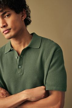 Men Waffle Shirt, Mens Green Outfit, Textured Shirt Men, Knitted Polo Shirt Men, Classic Mens Fashion, Polo Tshirt Men, Material Exploration, Mens Knitwear, Polo T Shirts For Men