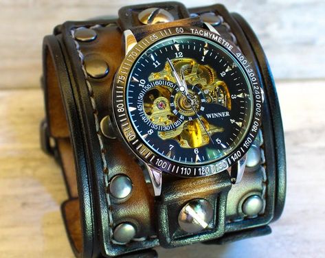 Men's Steampunk Wrist Watch Leather Watch Skeleton | Etsy Leather Watch Cuff, Nest Art, Steampunk Leather, Steampunk Watch, Personalized Watches, Black Leather Watch, Watch Engraving, Mens Watches Leather, Ormond Beach