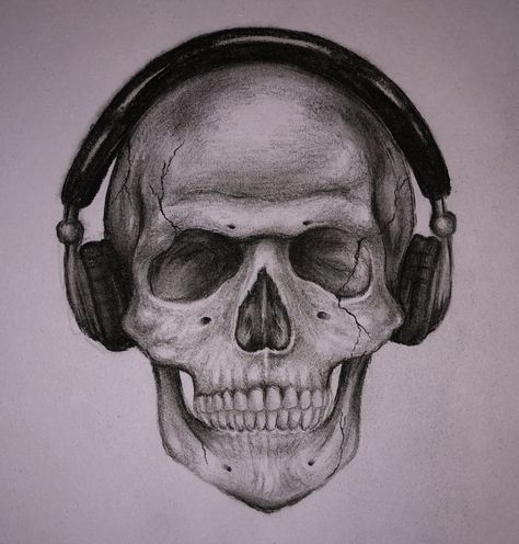 Skull With Headphones Drawing, Headphone Tattoos, Easy Charcoal Drawings, Skull With Headphones, Headphones Tattoo, Headphones Drawing, Skull Art Drawing, Skeleton Head, Charcoal Sketch