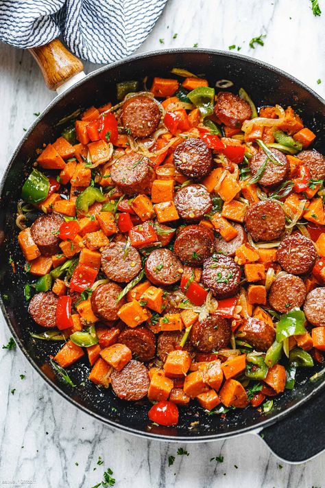 Smoked Sausage and Sweet Potato Recipe - #sausage #sweet-potato #recipe #eatwell101 - This smoked sausage and sweet potato stir-fry is a perfect weeknight dinner idea! - #recipe by #eatwell101® Sausage Sweet Potato Recipes, Sausage And Sweet Potato, Sweet Potato Stir Fry, Sweet Potato Dinner, Sausage Recipes For Dinner, Sweet Potato Recipes Healthy, Smoked Sausage Recipes, Sausage Dinner, Recipe Potato