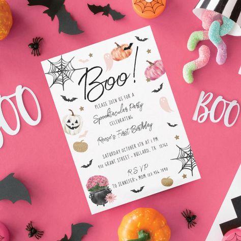 Fun Boo! Spooktacular Halloween Birthday Party Invitation Pink Halloween Party, Halloween Party Birthday, Haunted Halloween Party, Halloween Party Design, Halloween Birthday Party Invitations, Spooky Ideas, Diy Birthday Invitations, Halloween Birthday Party, Halloween Birthday Invitations